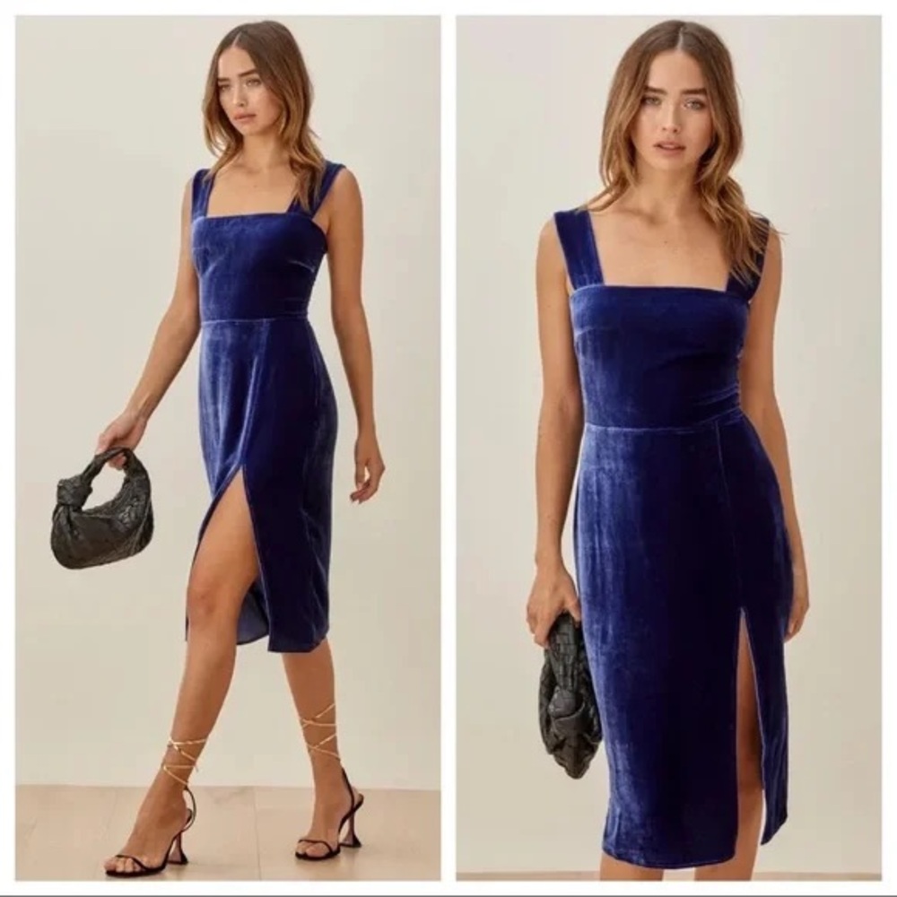 Reformation Navy Velvet Square Neck Midi Dress in Danube Size 8